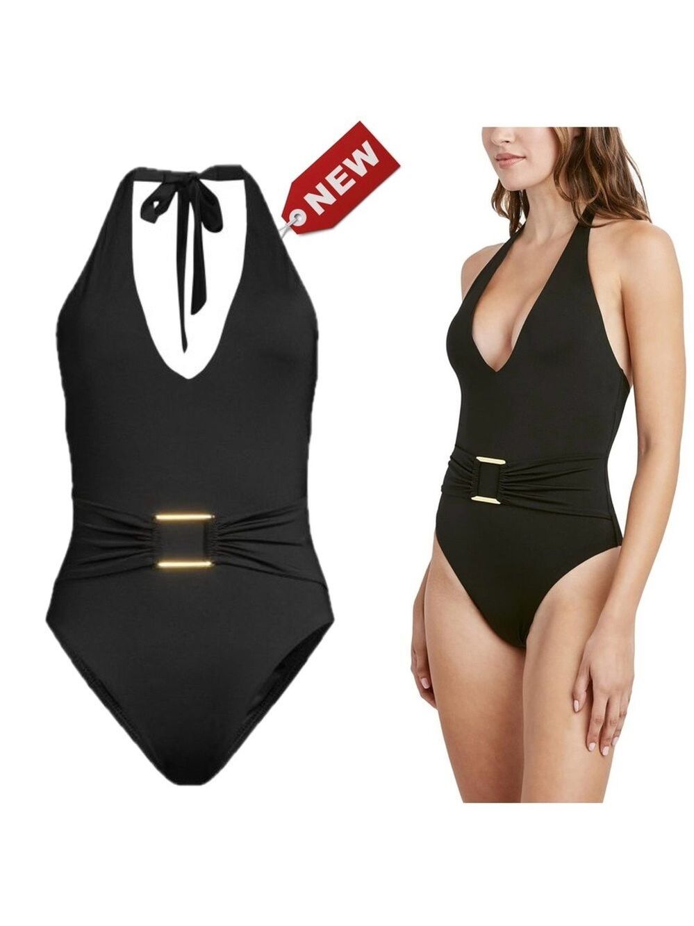 BCBGMAXAZRIA Black Women's Standard Deep Plunge Halter One Piece Swimsuit 16 NWT